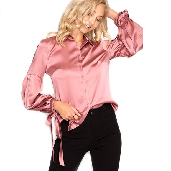 She + Sky Pink Silky Button-down Blouse MED - Picture 11 of 12